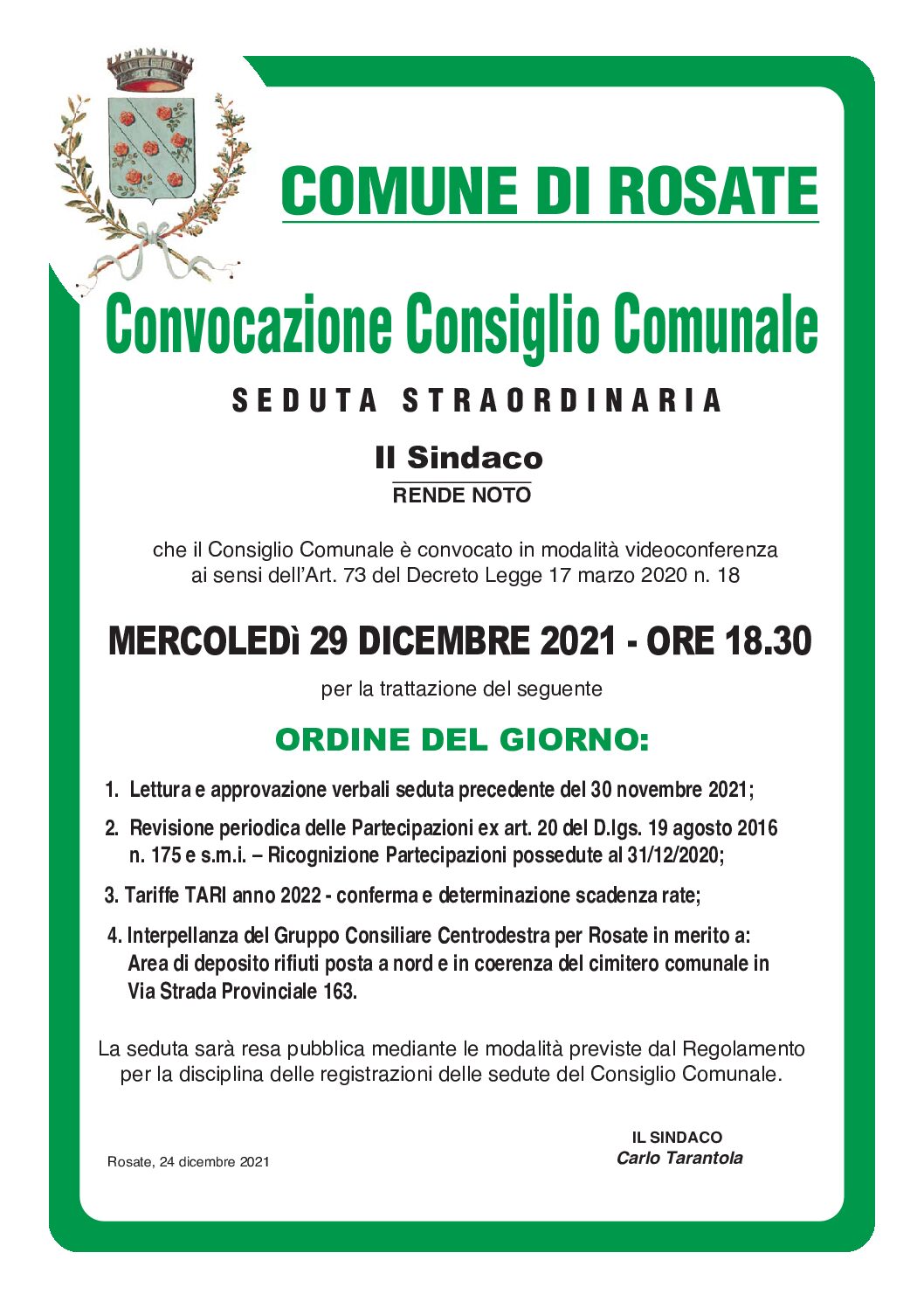 Consiglio Comunale del 29 dicembre 2021