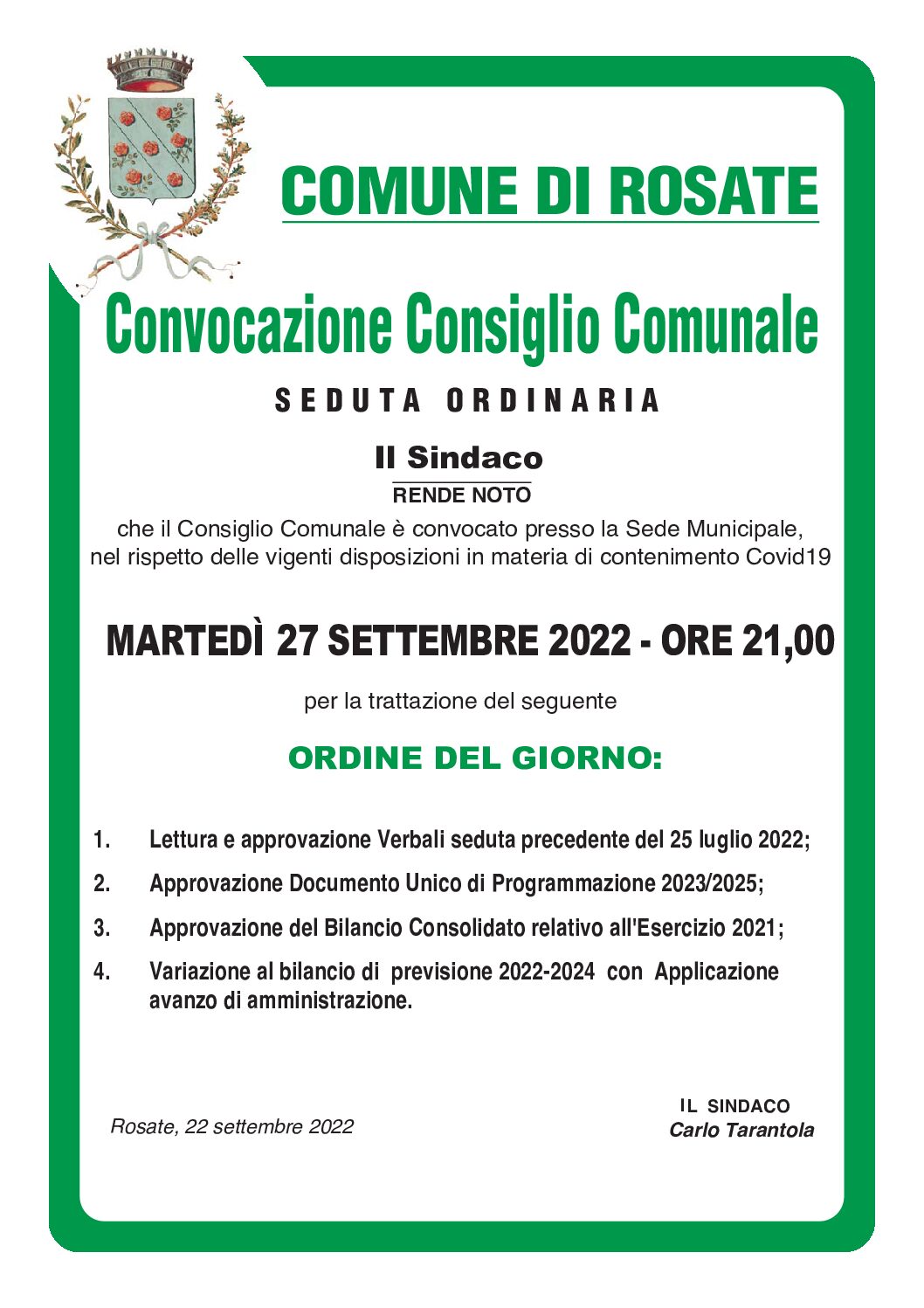 Consiglio comunale del 27 settembre 2022