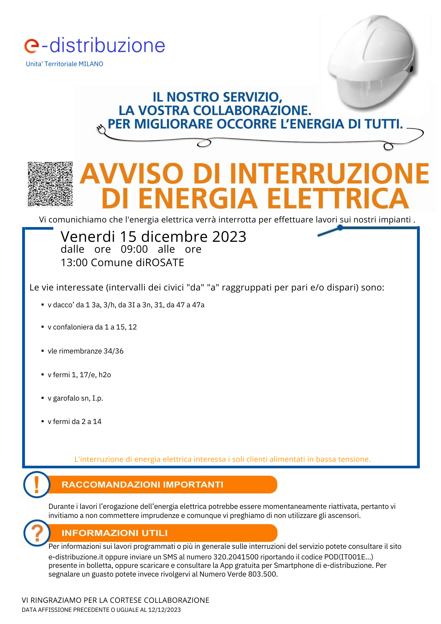 Avviso interruzione di energia elettrica – Venerdi 15 Dicembre 2023